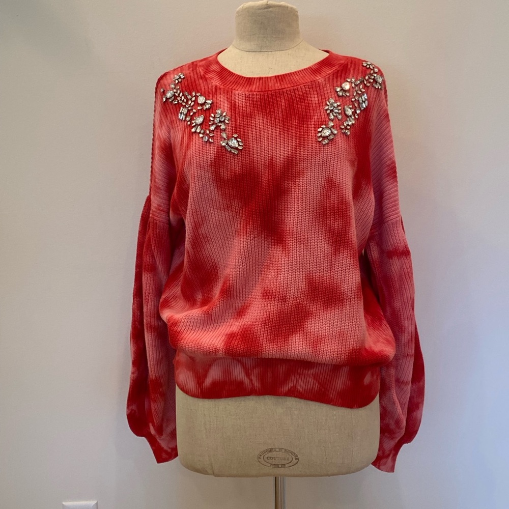 INC International Concepts Womens Red Tie Dye Crew Neck Sweater /Rhinestones / M